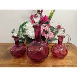 Fenton Cranberry Coin Dot Glass Cruet‎ Set Large And Pair Mid Century Art Glass